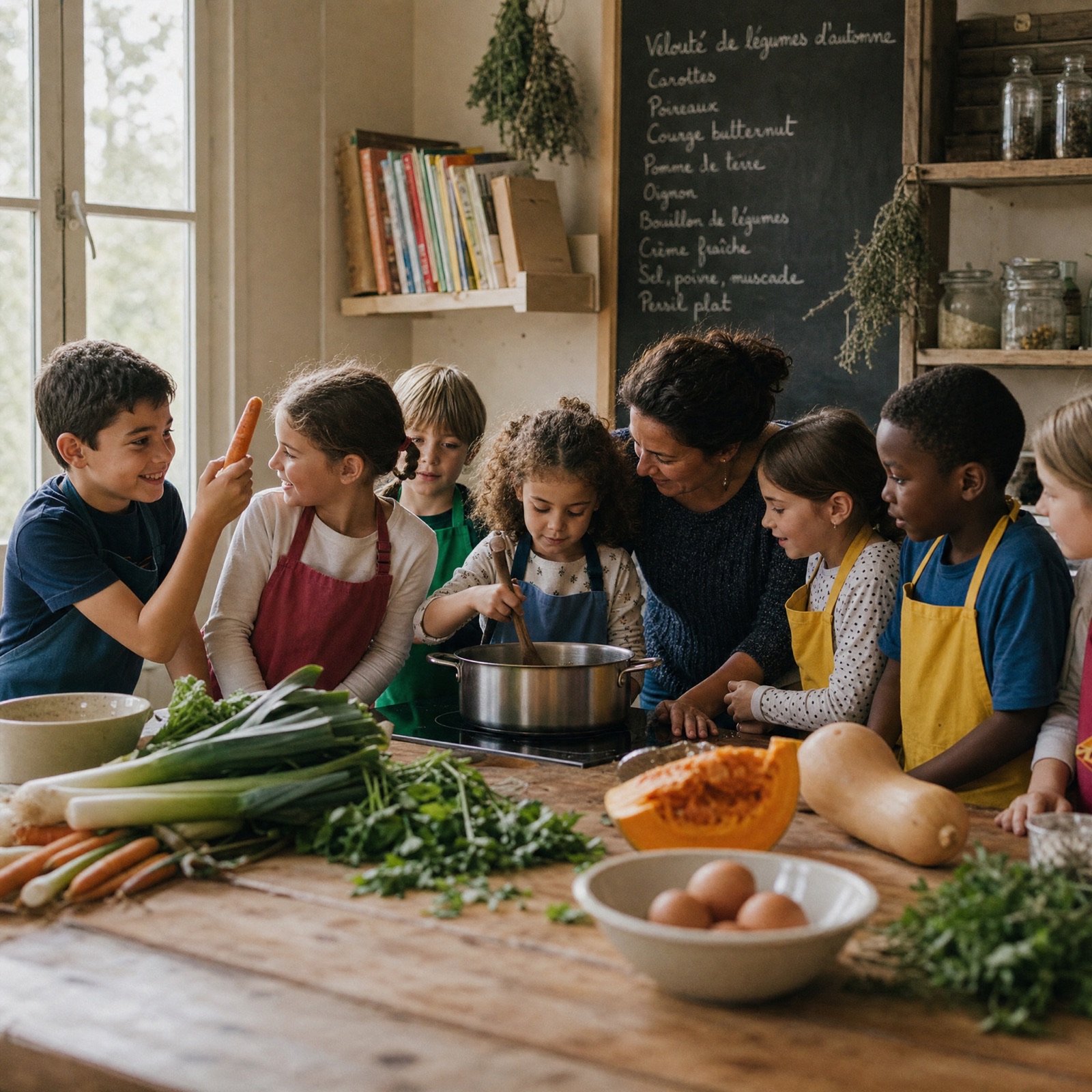 Enfants cuisinant des noix de Grenoble dans notre cuisine associative